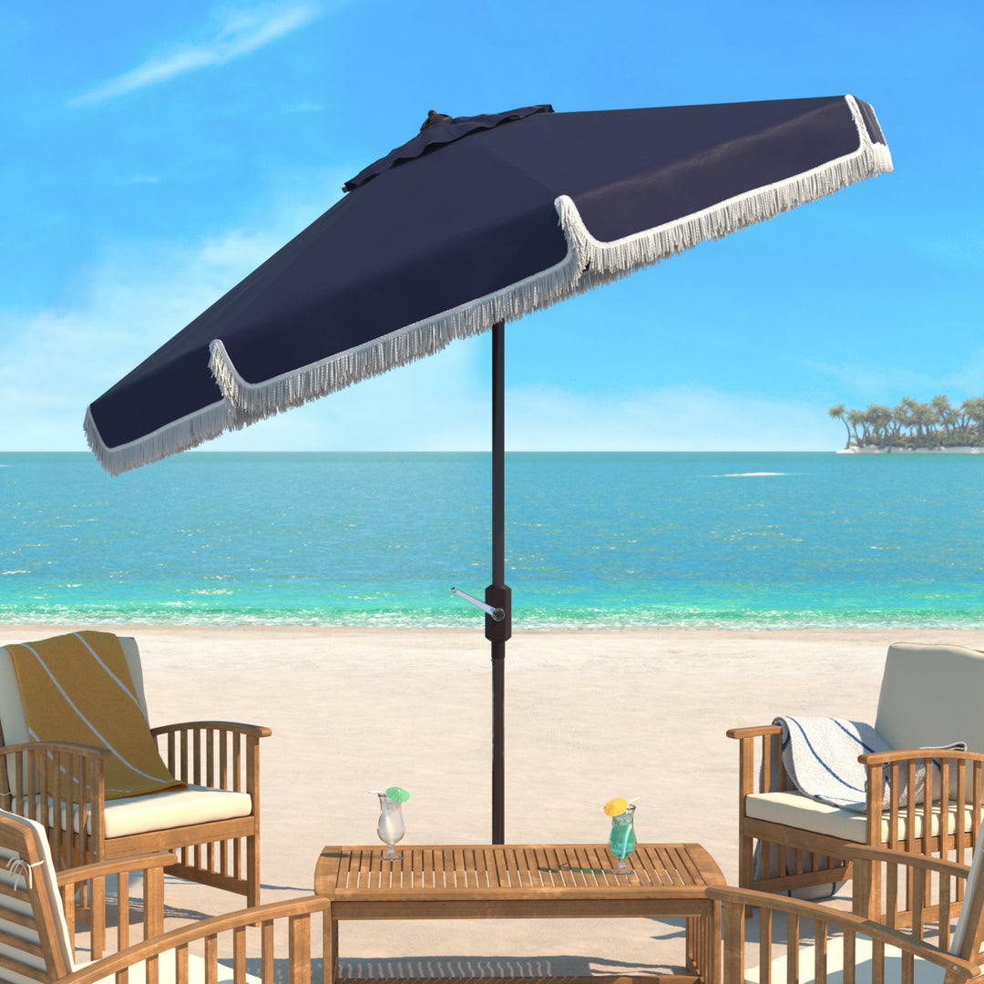 SAFAVIEH Outdoor Collection Milan Fringe 9-Foot Tilt Umbrella Navy/White Image 1