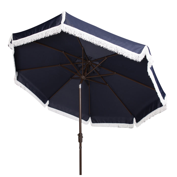 SAFAVIEH Outdoor Collection Milan Fringe 9-Foot Tilt Umbrella Navy/White Image 5