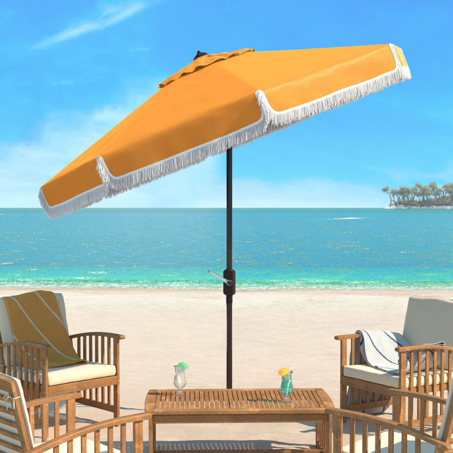 SAFAVIEH Outdoor Collection Milan Fringe 9-Foot Tilt Umbrella Yellow/White Trim Image 1