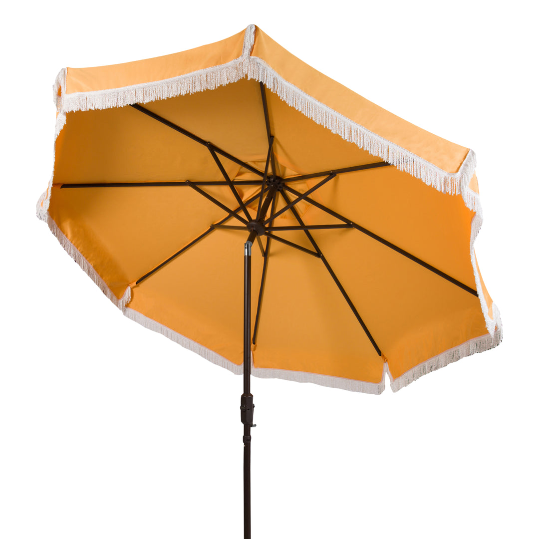 SAFAVIEH Outdoor Collection Milan Fringe 9-Foot Tilt Umbrella Yellow/White Trim Image 5