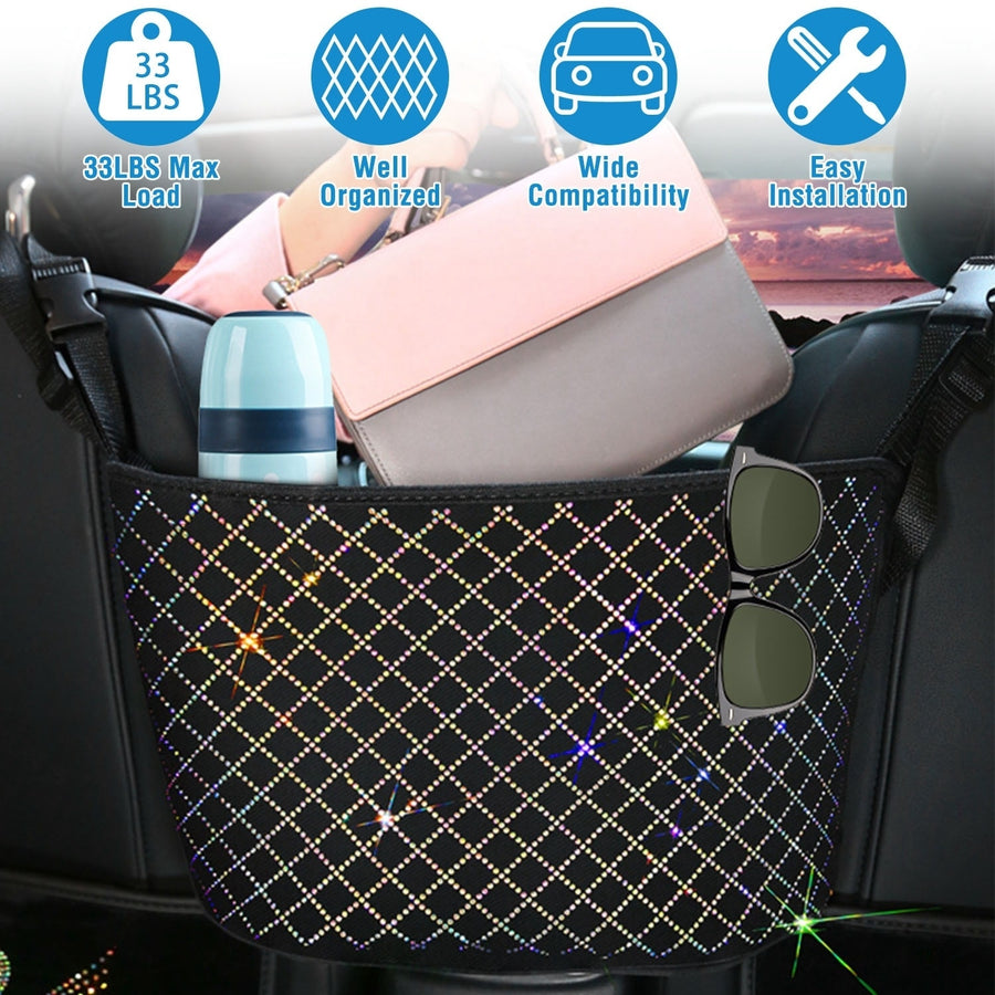 Car Handbag Purse Holder Organizer Rhinestone Bling Net Bag Front Seat Storage Image 1