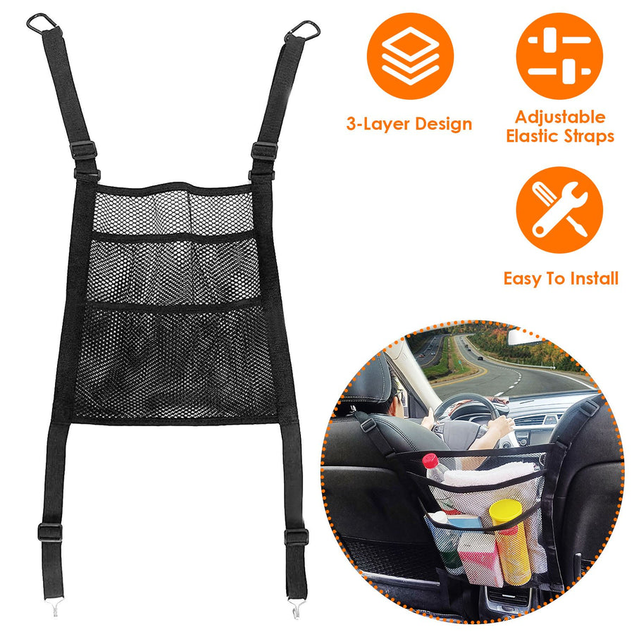 Car Mesh Organizer 3 Layer Black Polyester Backseat Storage Net Pouch Holder Image 1