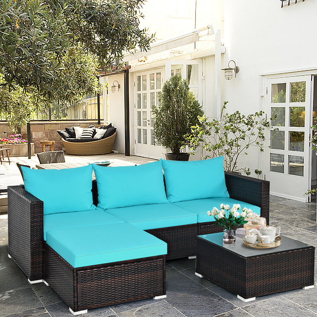 5PCS Patio Furniture Set Sectional Conversation Sofa Set w/ Coffee Table Blue Image 1