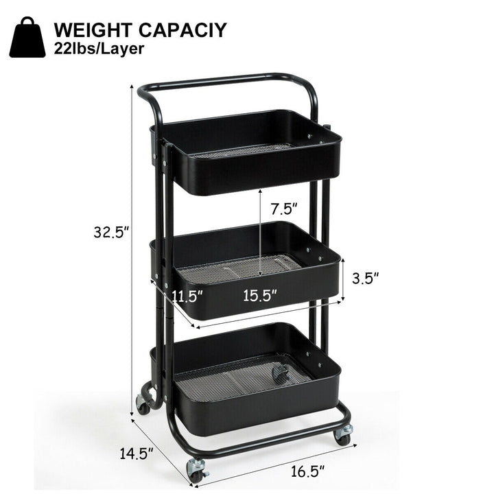 32.5" 3-Tier Metal Rolling Storage Cart W/5 Brakes Kitchen Black Blue Pink White Image 5