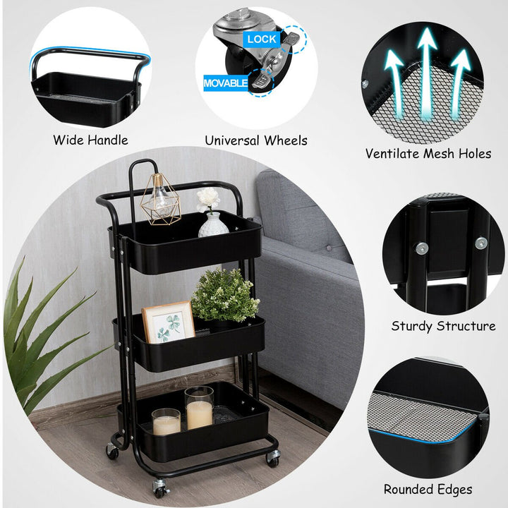 32.5" 3-Tier Metal Rolling Storage Cart W/5 Brakes Kitchen Black Blue Pink White Image 6