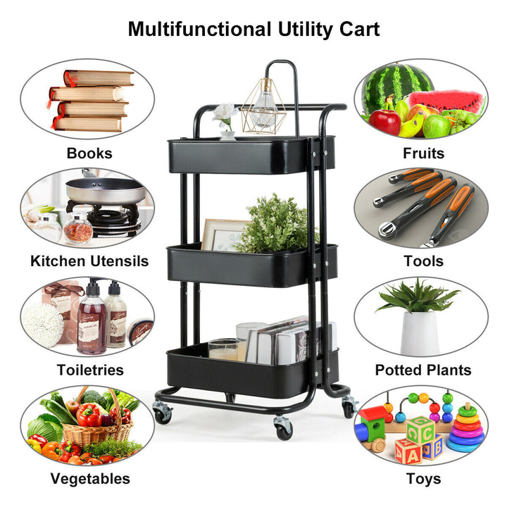 32.5" 3-Tier Metal Rolling Storage Cart W/5 Brakes Kitchen Black Blue Pink White Image 7