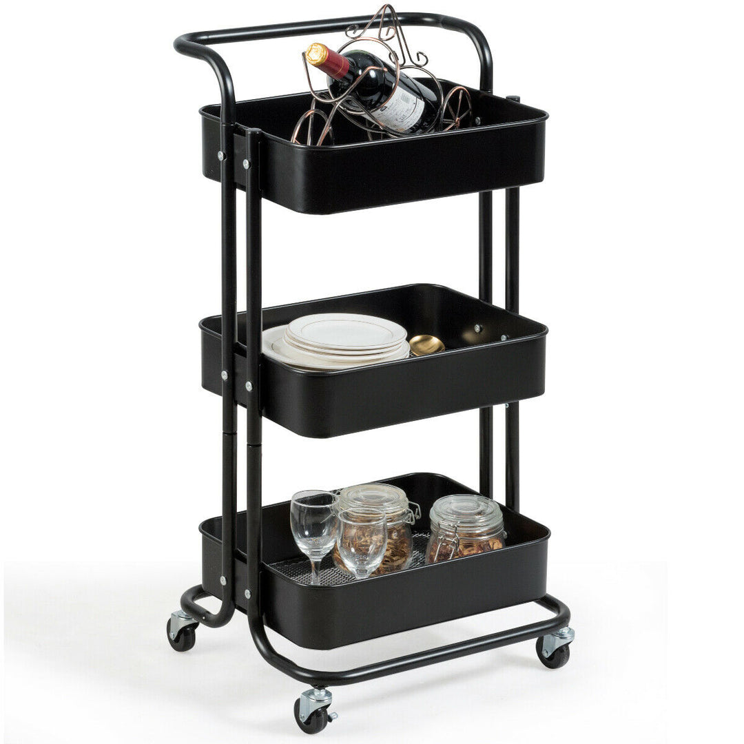 32.5" 3-Tier Metal Rolling Storage Cart W/5 Brakes Kitchen Black Blue Pink White Image 9