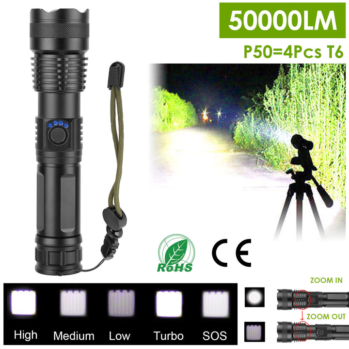 Tactical LED Flashlight Rechargeable 50000LM Zoomable 5 Modes Waterproof Black Image 1