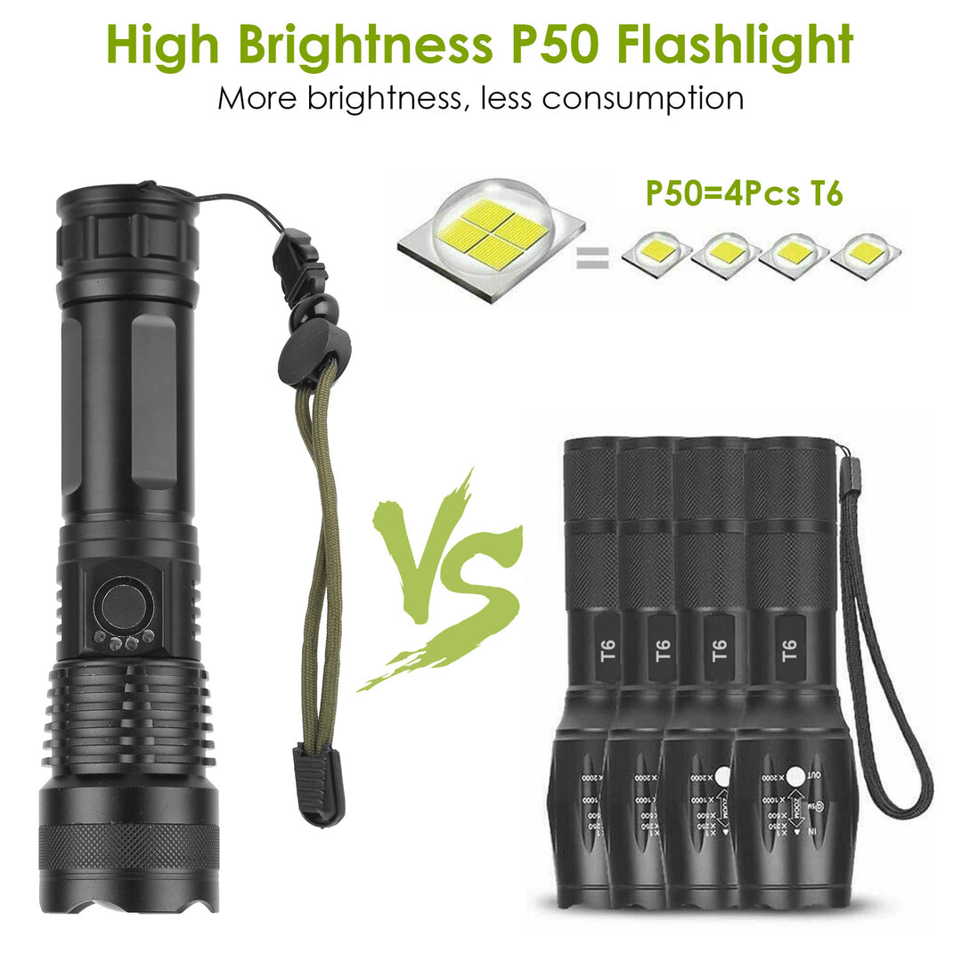 Tactical LED Flashlight Rechargeable 50000LM Zoomable 5 Modes Waterproof Black Image 2