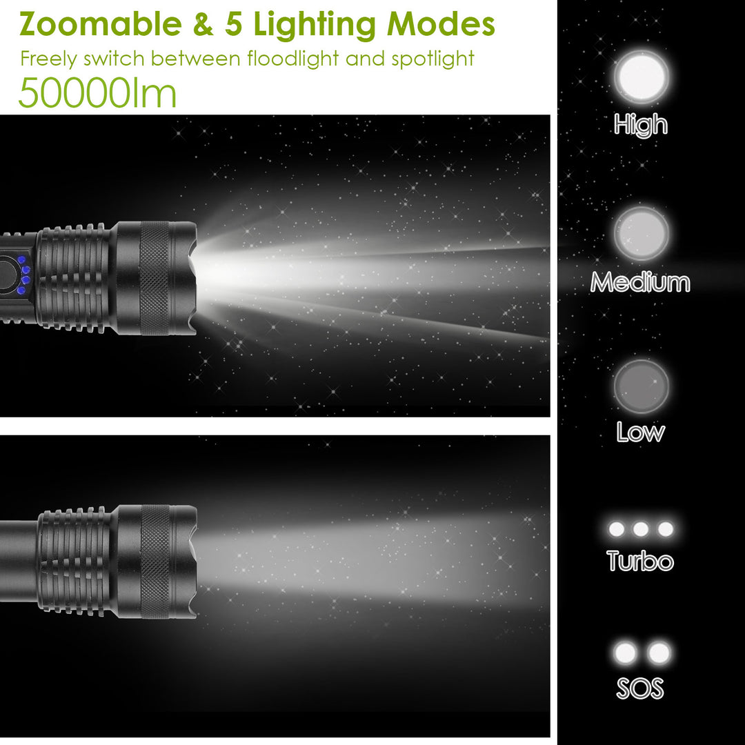 Tactical LED Flashlight Rechargeable 50000LM Zoomable 5 Modes Waterproof Black Image 3