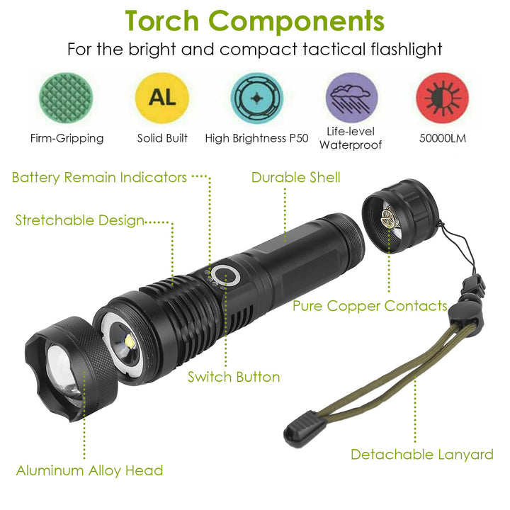 Tactical LED Flashlight Rechargeable 50000LM Zoomable 5 Modes Waterproof Black Image 6