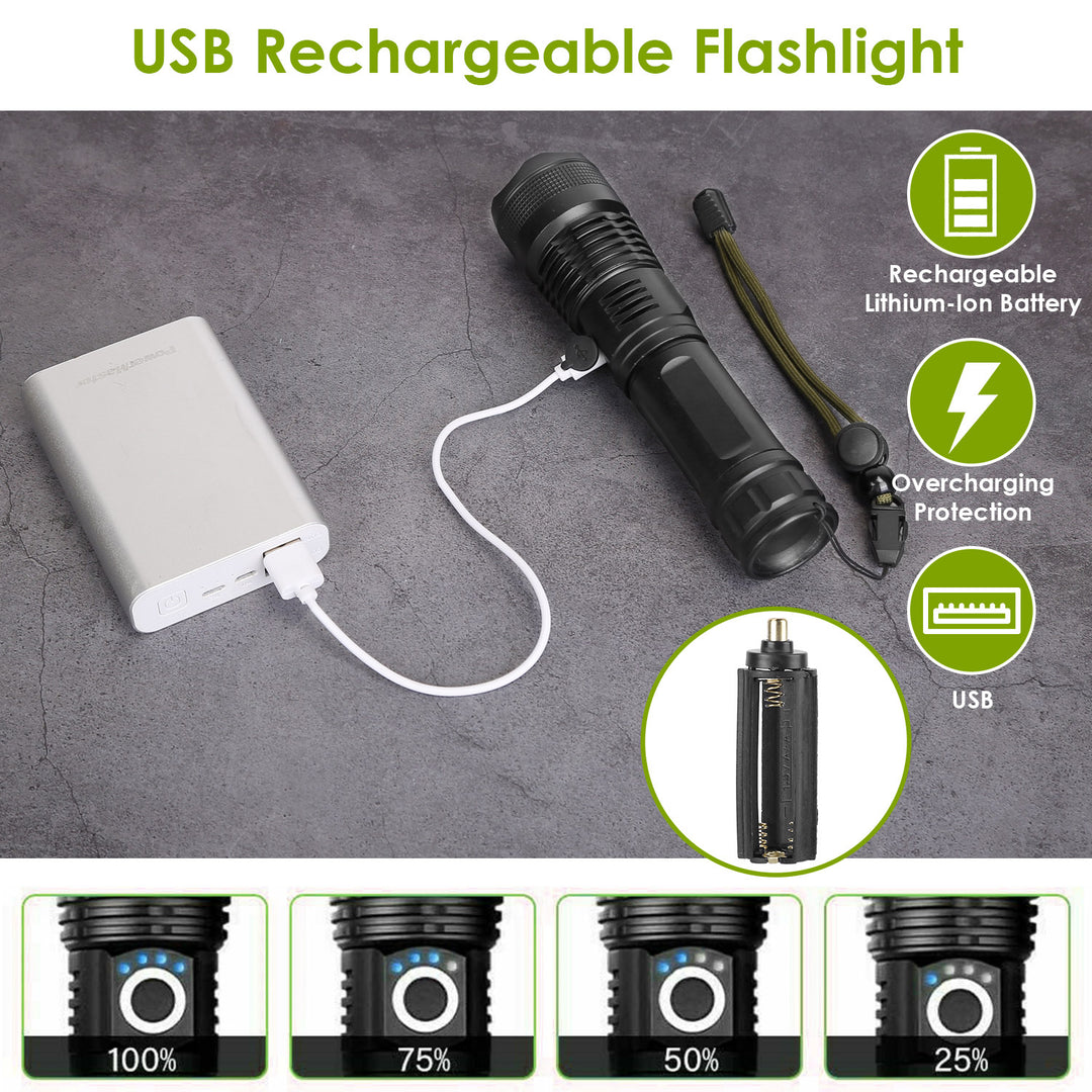 Tactical LED Flashlight Rechargeable 50000LM Zoomable 5 Modes Waterproof Black Image 7