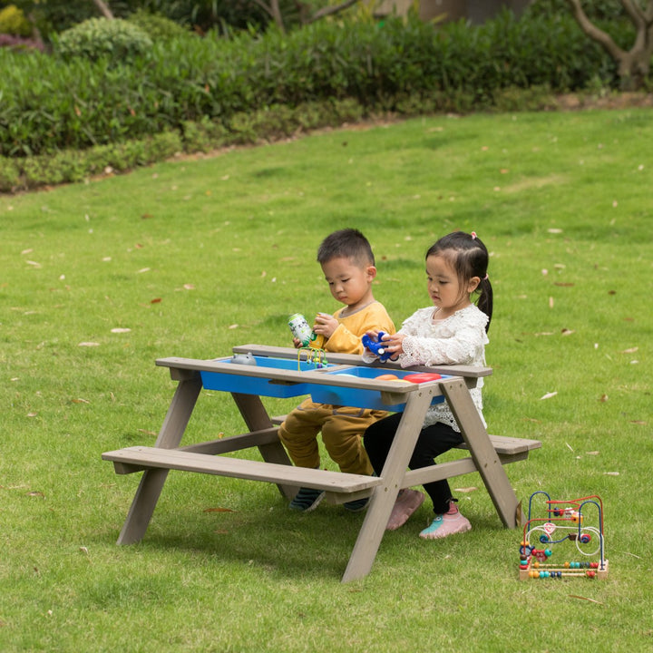 Kids Picnic Play Table, Sandbox Table with Umbrella Hole and 2 Play Boxes with Removable Top Image 2