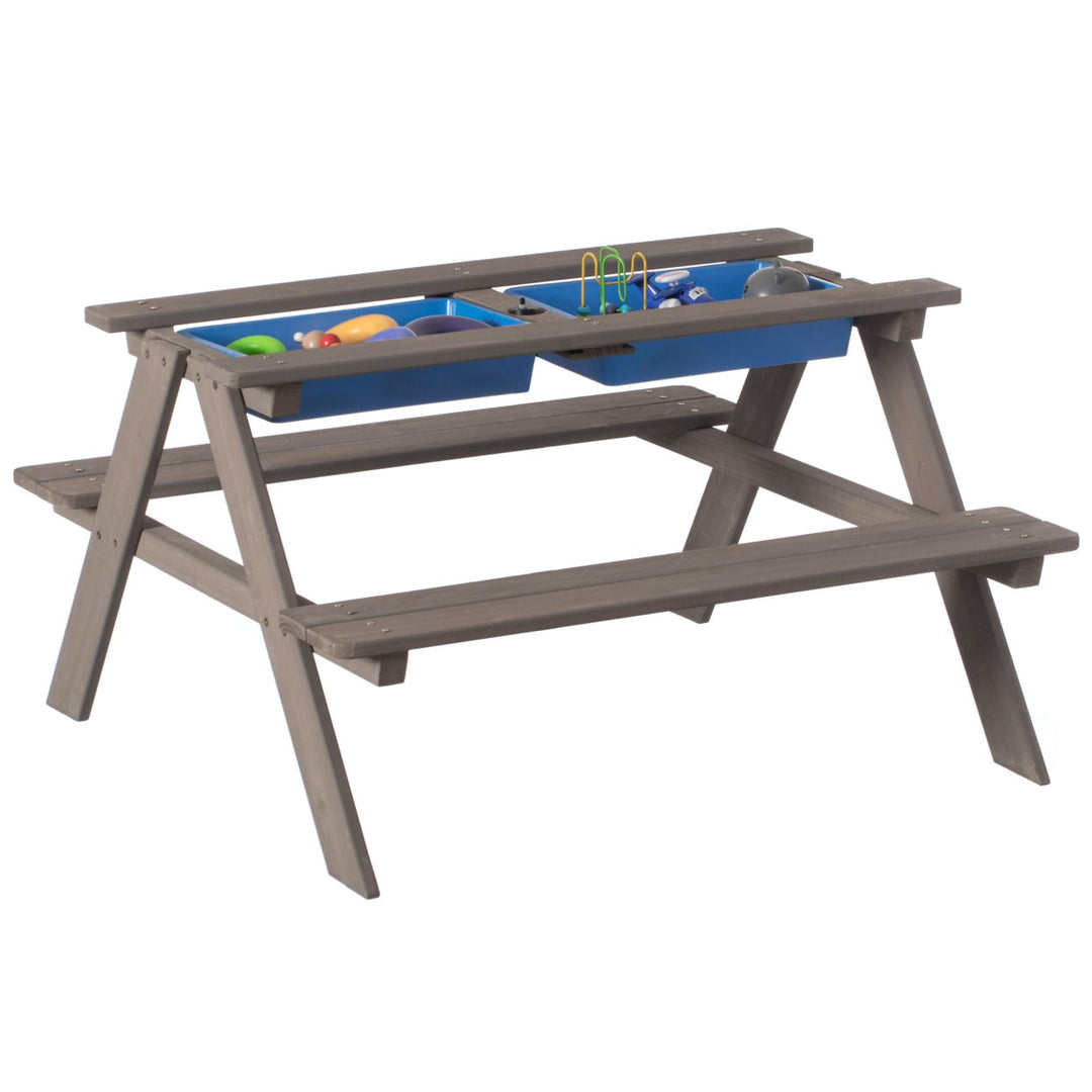 Kids Picnic Play Table, Sandbox Table with Umbrella Hole and 2 Play Boxes with Removable Top Image 3