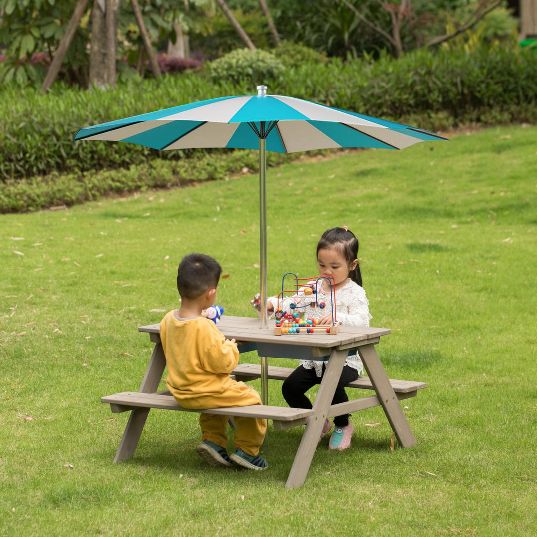 Kids Picnic Play Table, Sandbox Table with Umbrella Hole and 2 Play Boxes with Removable Top Image 7