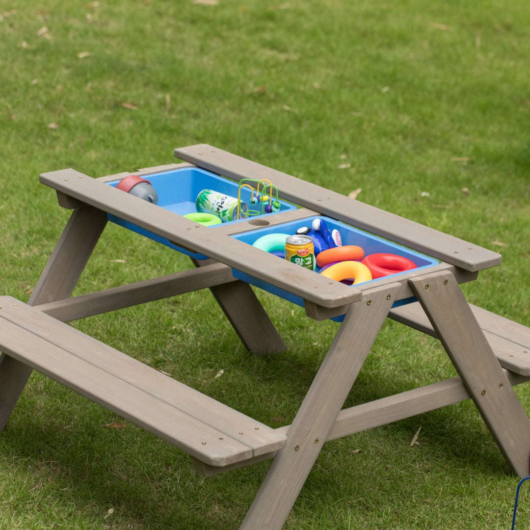 Kids Picnic Play Table, Sandbox Table with Umbrella Hole and 2 Play Boxes with Removable Top Image 8