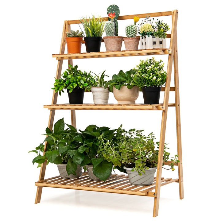 3 Tier Outdoor Bamboo Flower Pot Shelf Stand Folding Display Rack Garden Yard Image 4