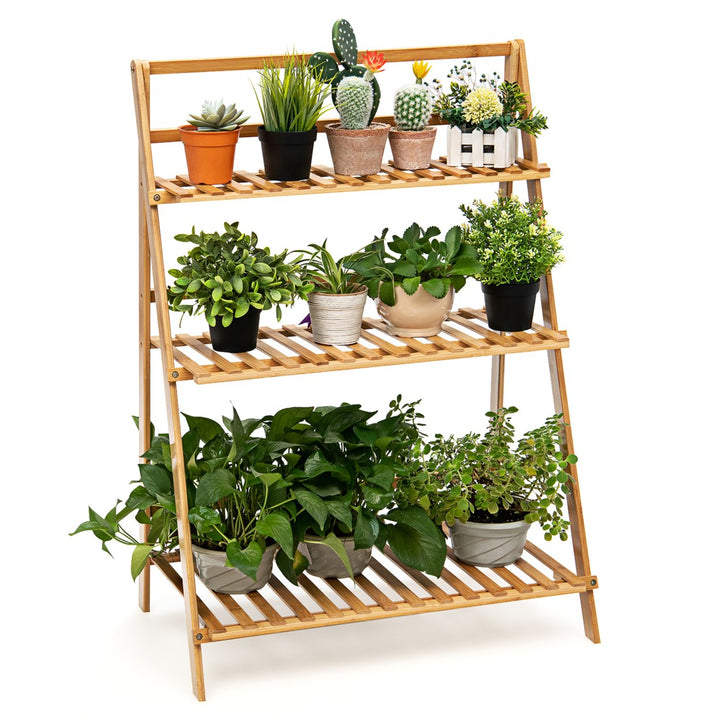 3 Tier Outdoor Bamboo Flower Pot Shelf Stand Folding Display Rack Garden Yard Image 8