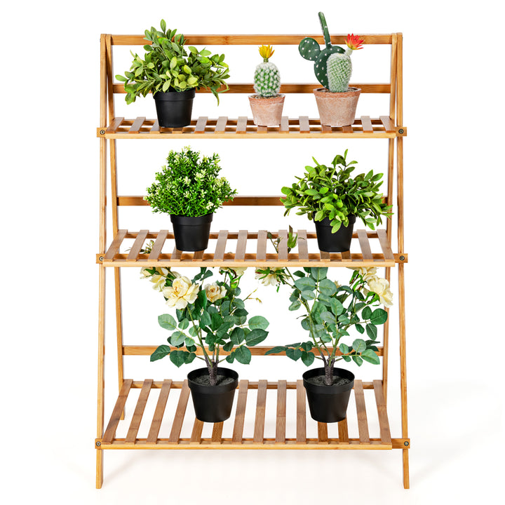 3 Tier Outdoor Bamboo Flower Pot Shelf Stand Folding Display Rack Garden Yard Image 9