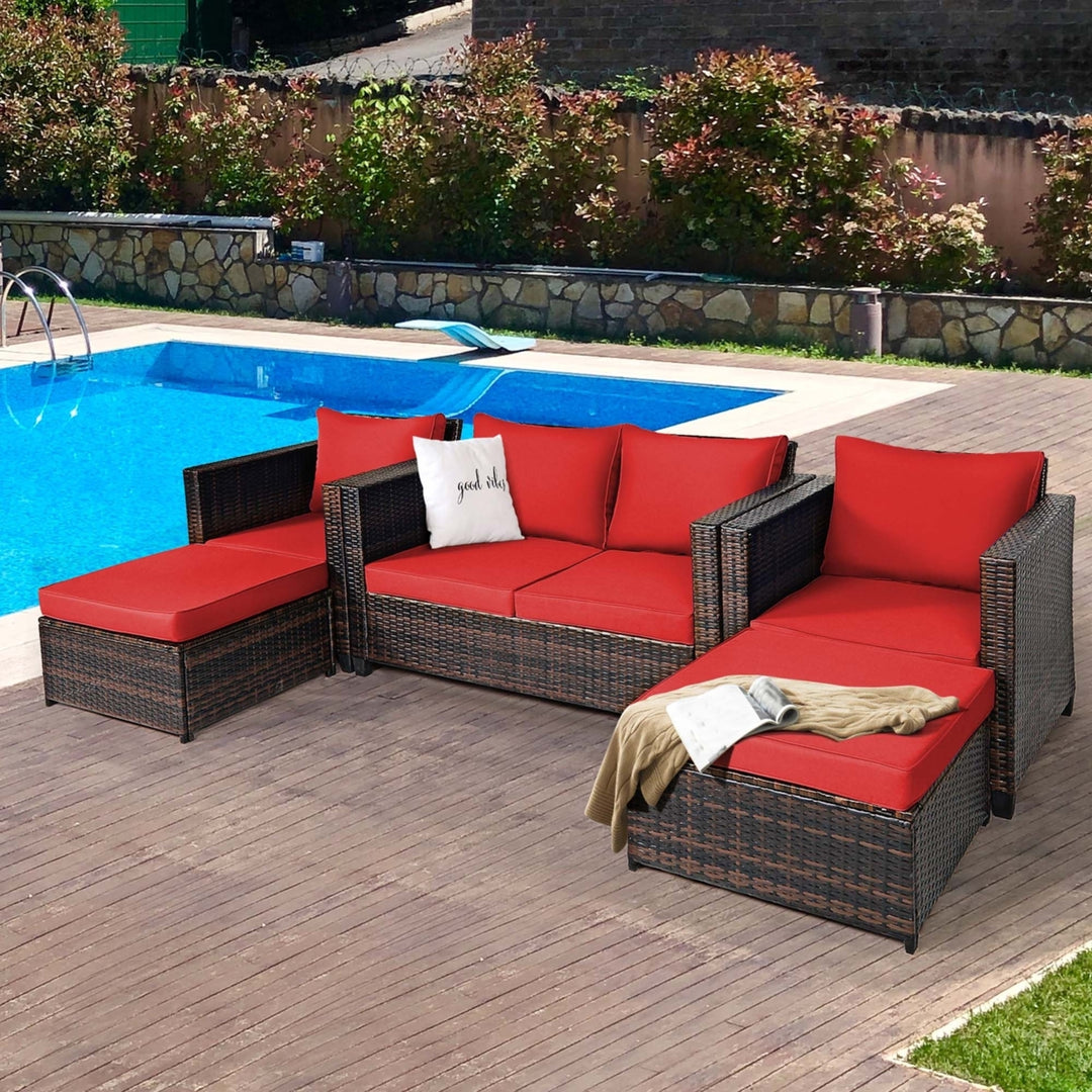 5PCS Outdoor Patio Rattan Conversation Sofa Furniture Set w/ Red Cushions Image 1