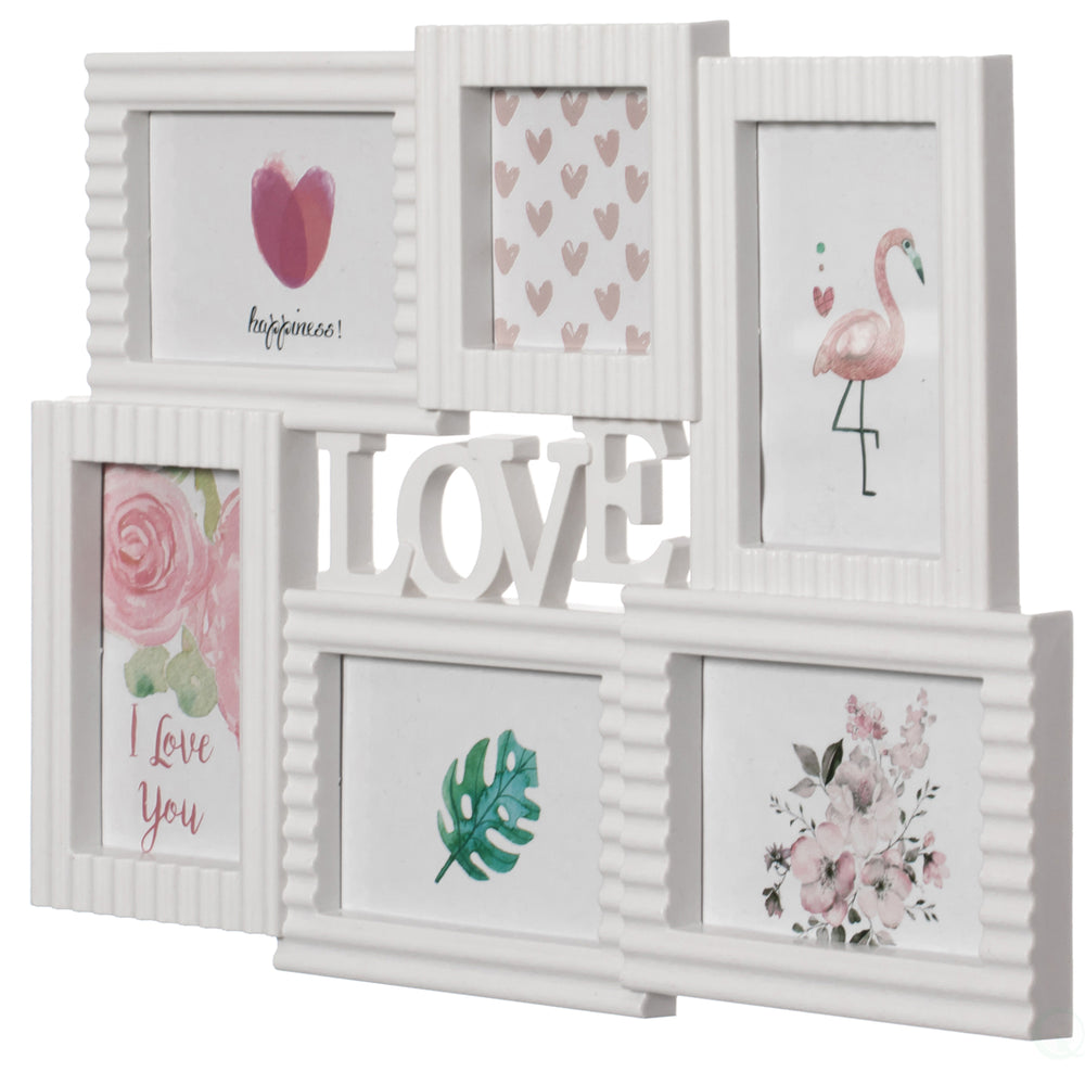 Decorative Modern Wall Mounted Collage Picture Holder Multi Photo Frame for 6 Pictures Love Text Design, White Image 2