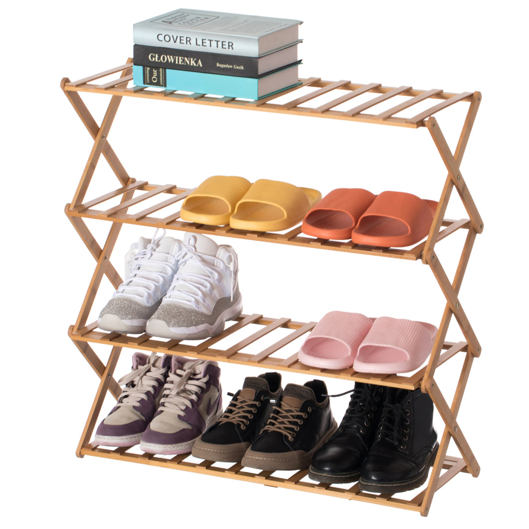 Bamboo Foldable Shoe Rack Wooden Storage Organizer Free Standing 35 lbs Capacity Image 1