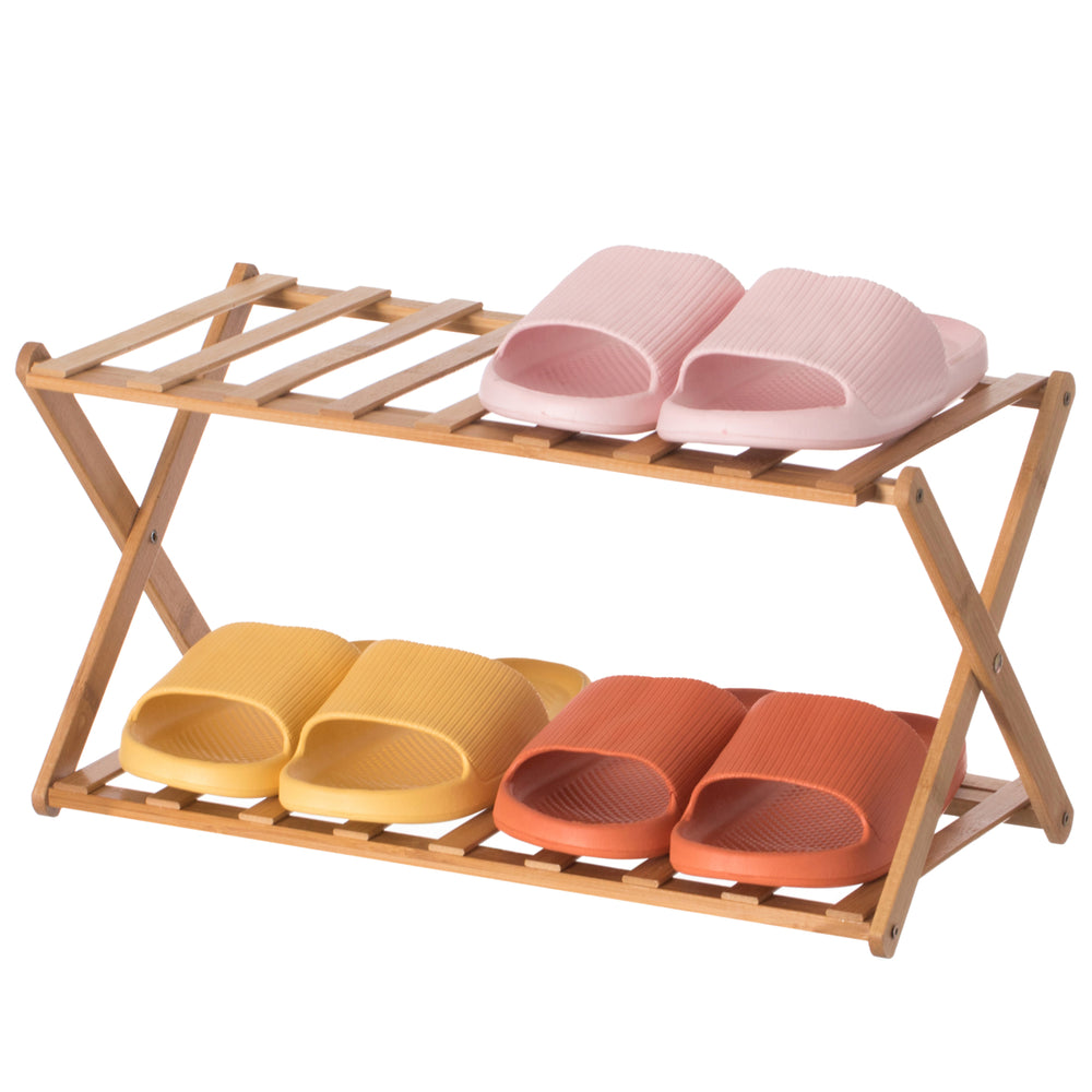 Bamboo Foldable Shoe Rack Wooden Storage Organizer Free Standing 35 lbs Capacity Image 2