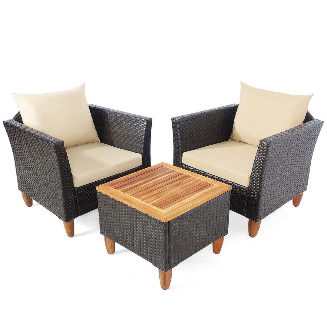 3PCS Patio Furniture Set Conversation Bistro Set w/ Acacia Wood and Cushions Beige Image 9