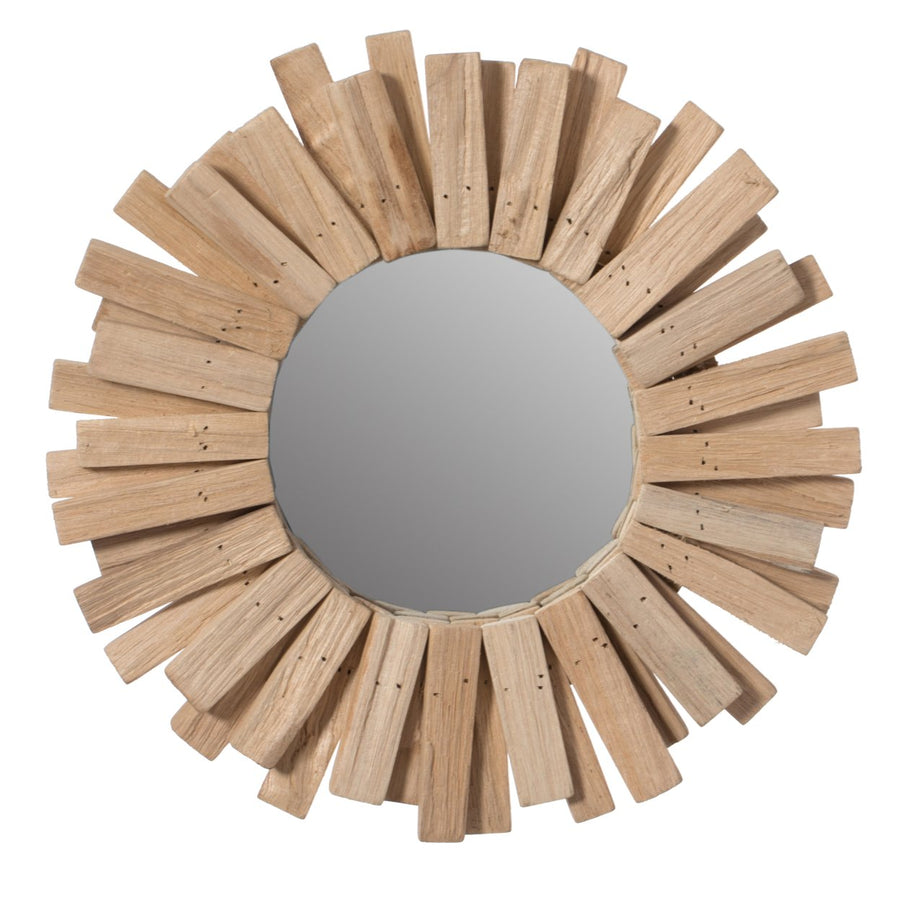 Hanging Sunburst Round Natural Wood Wall Mirror for the Entryway, Living Room, or Vanity Image 1