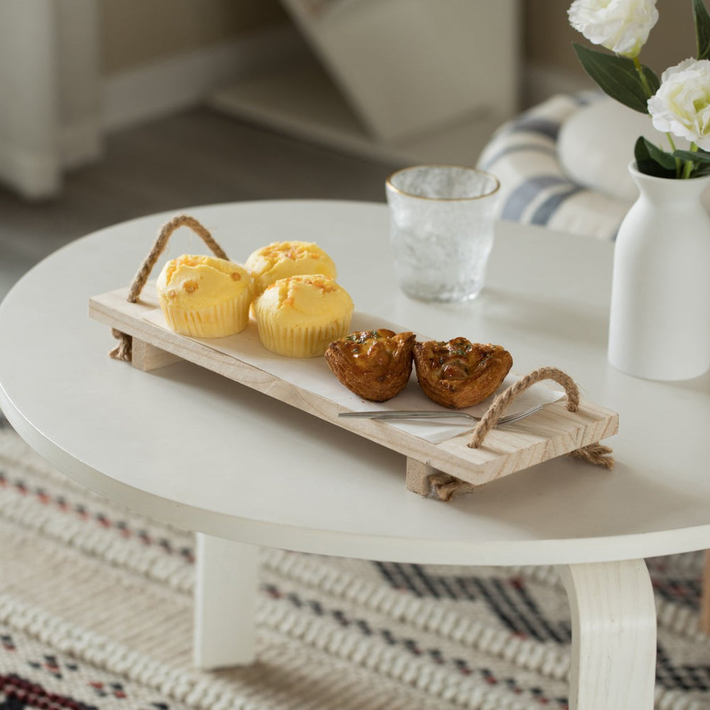 Natural Wood Serving Tray 15.5x5.5 Rustic Rectangular with Rope Handles Image 2