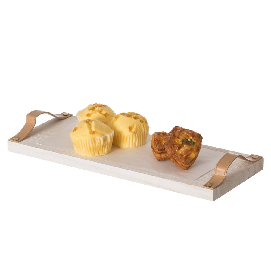 Natural Wooden Serving Tray with Leather Handles Rustic Design 15.25x6 Inch Image 1