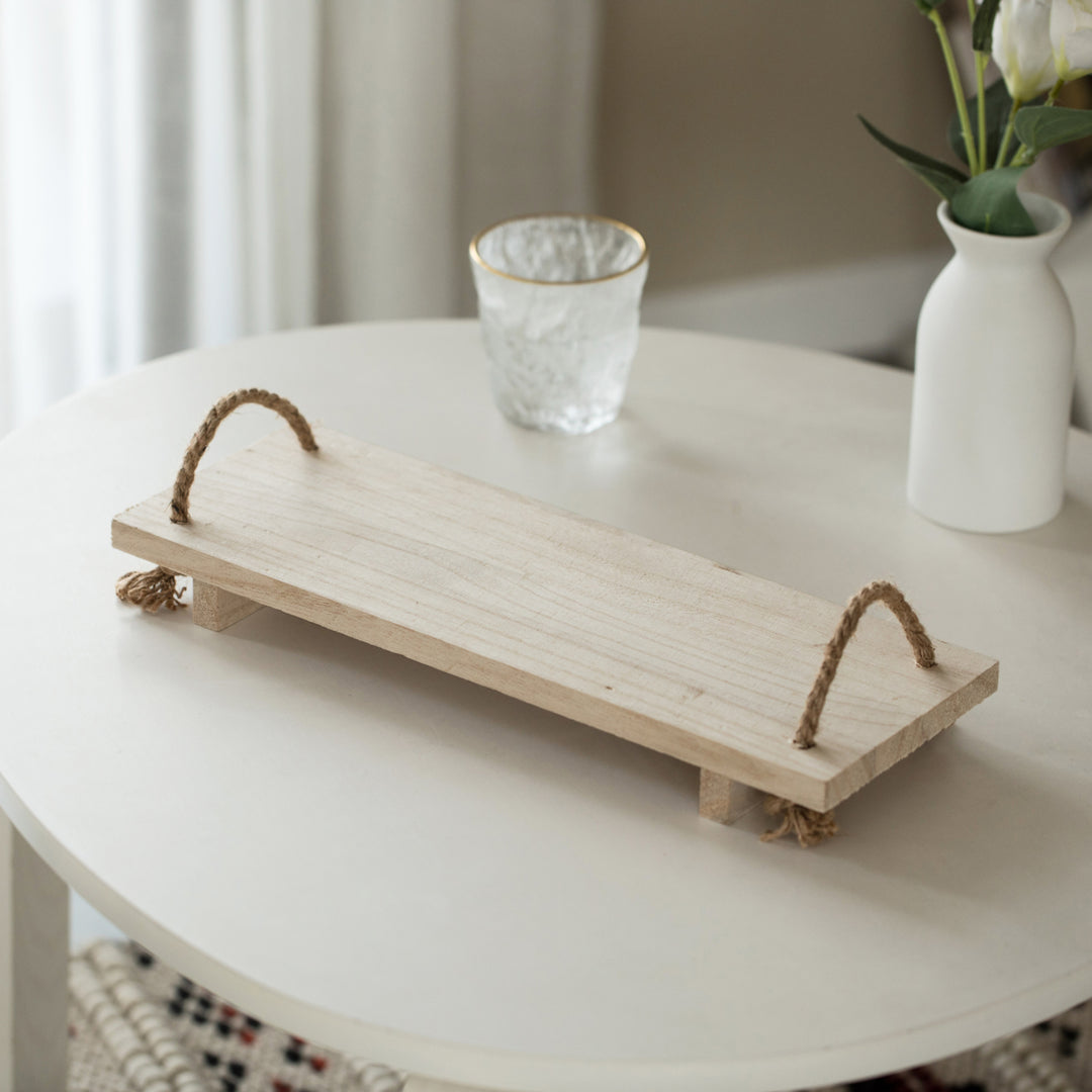 Natural Wood Serving Tray 15.5x5.5 Rustic Rectangular with Rope Handles Image 3