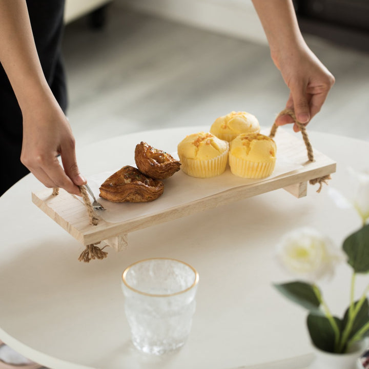 Natural Wood Serving Tray 15.5x5.5 Rustic Rectangular with Rope Handles Image 5