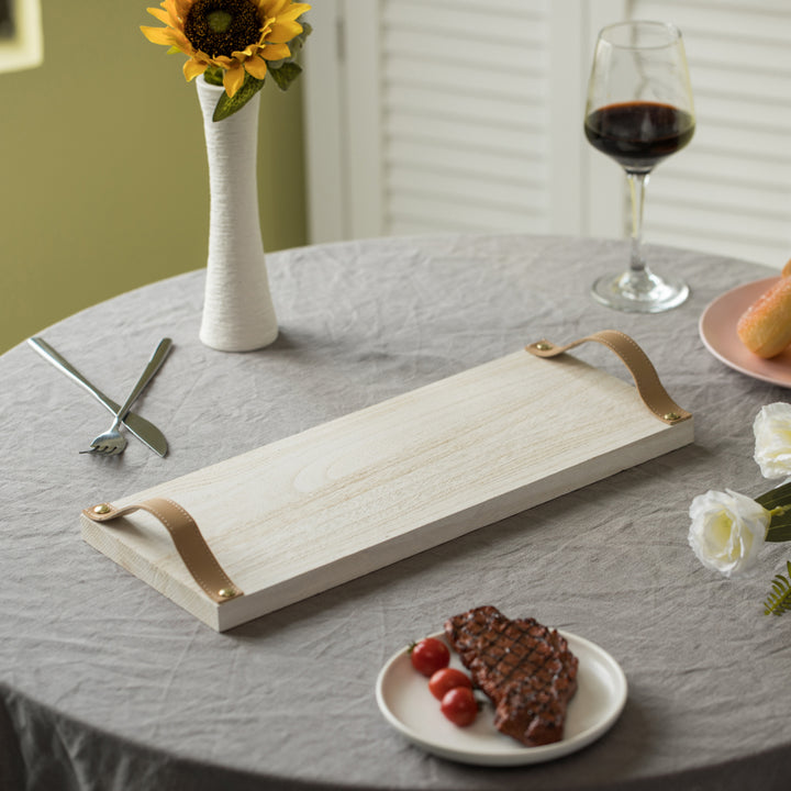 Natural Wooden Serving Tray with Leather Handles Rustic Design 15.25x6 Inch Image 3