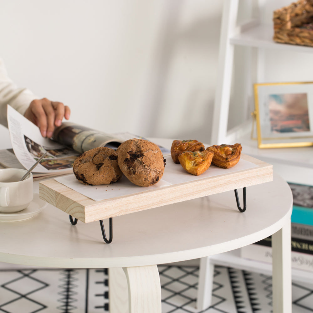 Natural Wood Rectangular Serving Tray with Black Metal Stand 15.25 x 6 Rustic Charm Image 2