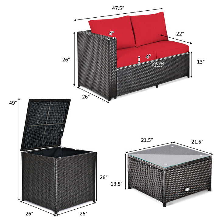 4PCS Cushioned Rattan Patio Conversation Set w/ Side Table Red Cushion Image 5