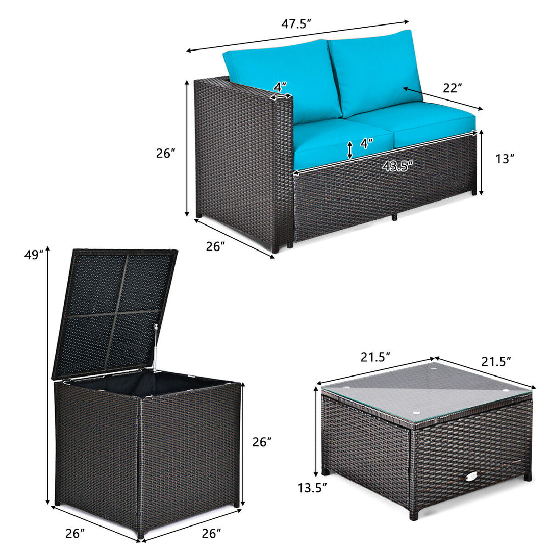 8PCS Cushioned Rattan Patio Conversation Set w/ Side Table Turquoise Cushion Image 3