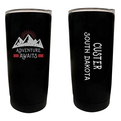 R and R Imports Custer South Dakota Souvenir 16 oz Stainless Steel Insulated Tumbler Adventure Awaits Design Black. Image 1