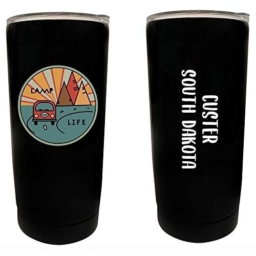 R and R Imports Custer South Dakota Souvenir 16 oz Stainless Steel Insulated Tumbler Camp Life Design Black. Image 1