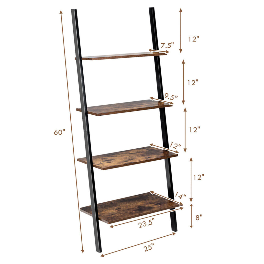 Industrial Ladder Shelf 4-Tier Leaning Wall Bookcase Plant Stand Rustic Brown Image 2