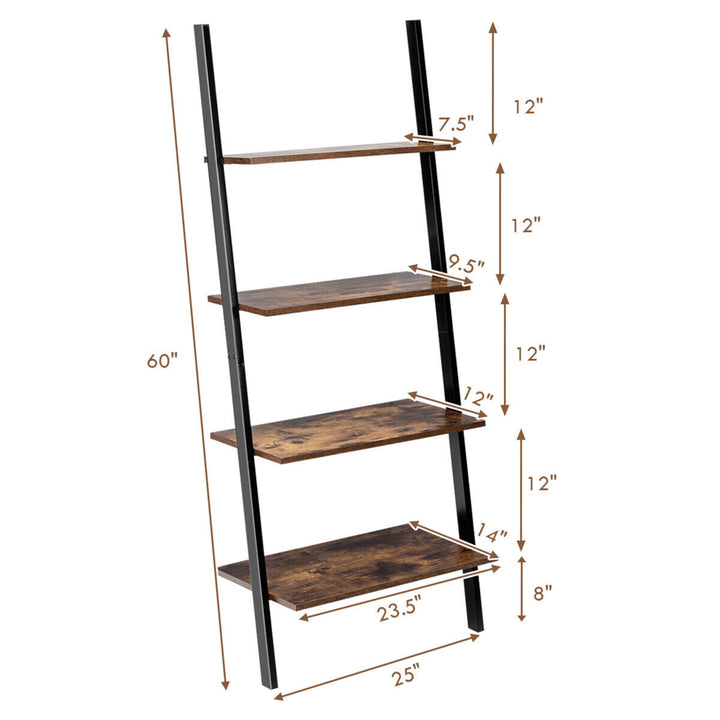 Industrial Ladder Shelf 4-Tier Leaning Wall Bookcase Plant Stand Rustic Brown Image 2