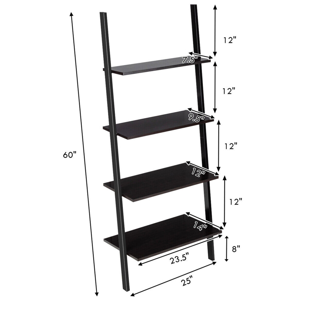 Industrial Ladder Shelf 4-Tier Leaning Wall Bookcase Plant Stand Rustic Black Image 2