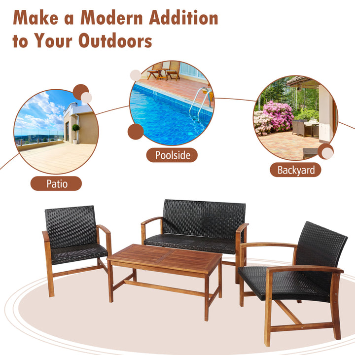 4PCS Patio Conversation Set Outdoor Furniture Set w/ Acacia Wood Frame Image 6