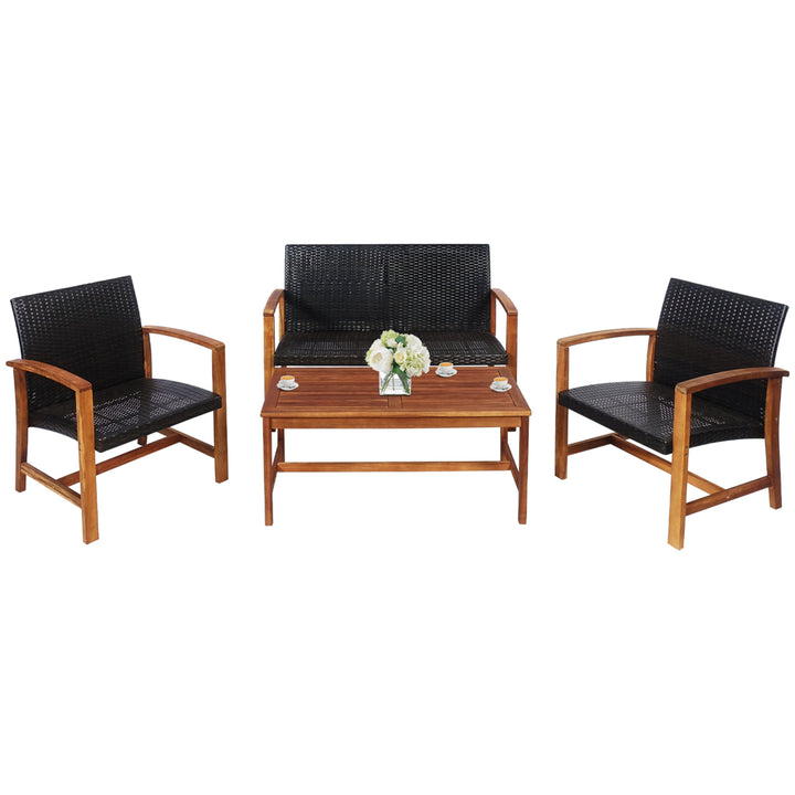 4PCS Patio Conversation Set Outdoor Furniture Set w/ Acacia Wood Frame Image 2