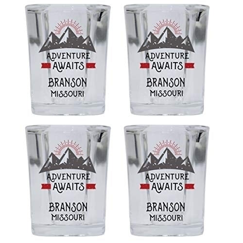 Branson Missouri Souvenir 2 Ounce Square Base Liquor Shot Glass Adventure Awaits Design 4-Pack Image 1