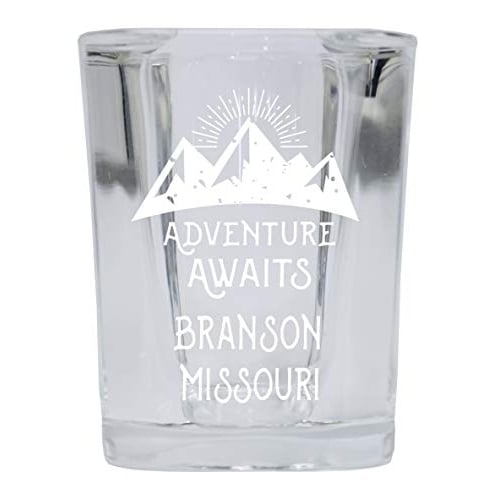 Branson Missouri Souvenir Laser Engraved 2 Ounce Square Base Liquor Shot Glass 4-Pack Adventure Awaits Design Image 1