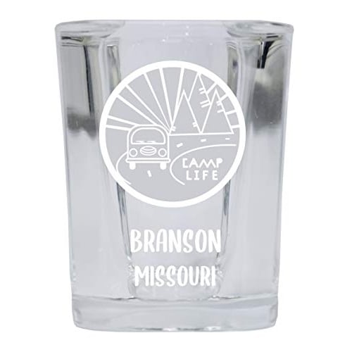 Branson Missouri Souvenir Laser Engraved 2 Ounce Square Base Liquor Shot Glass Camp Life Design Image 1