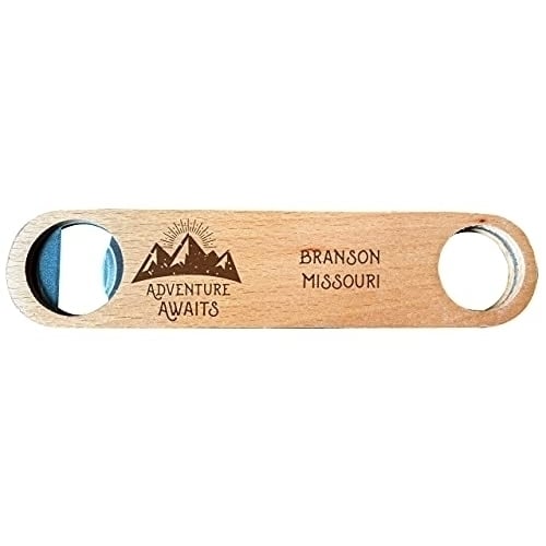 Branson Missouri Laser Engraved Wooden Bottle Opener Adventure Awaits Design Image 1