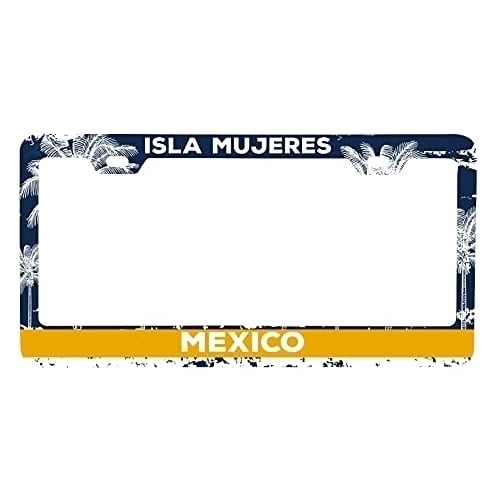 Isla Mujeres Mexico Metal License Plate Frame Distressed Palm Design Image 1