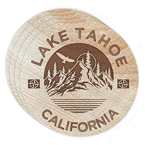 Lake Tahoe California 4 Pack Engraved Wooden Coaster Camp Outdoors Design Image 1